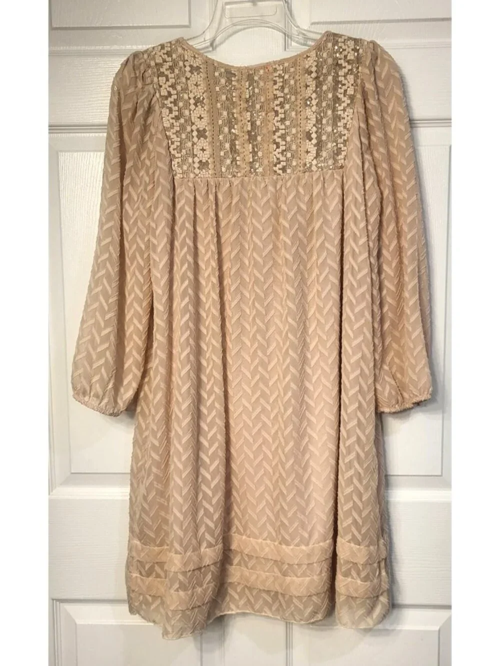 Anthro One September Anwen Pink Peasant Dress M Tassel Chevron Pattern Lace Boho